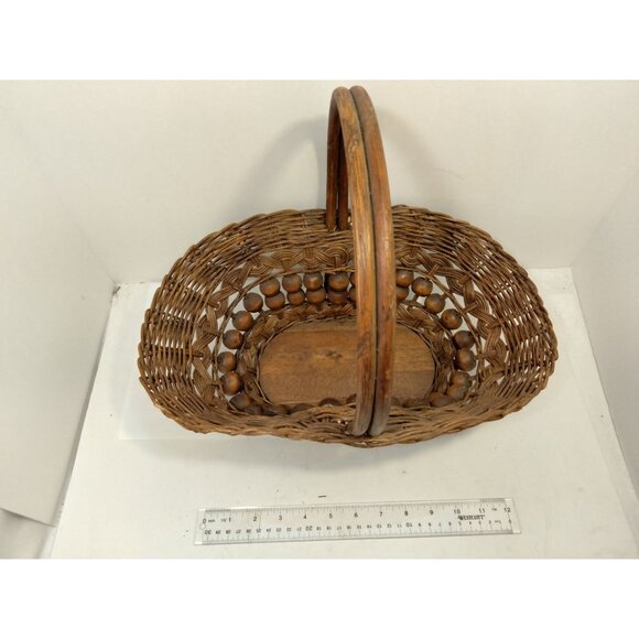 Large Vintage Willow Wicker Wood Bead Basket Handmade Rattan 16 inch - Picture 9 of 9